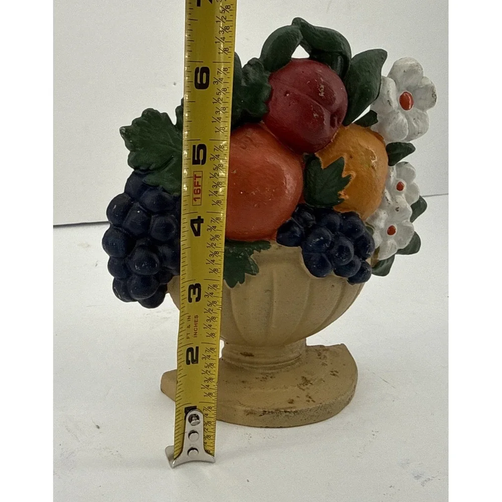 VTG Cast Iron Fruit Basket Doorstop Apple Grapes Flowers Cottage Farmhouse